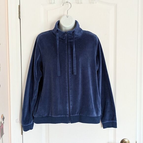 GALEREES LAFAYETTE Blue velour velvet zip up Y2K  shirt pull size L @P - Picture 5 of 11